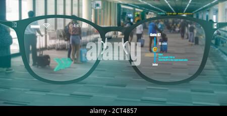 new normal in futuristic technology concept in smart glasses use augmented mixed virtual reality with using artificial intelligence, machine learning, Stock Photo
