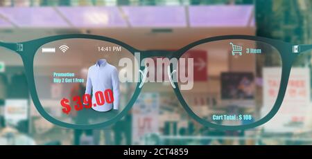 new normal in futuristic technology concept in smart glasses use augmented mixed virtual reality with using artificial intelligence, machine learning, Stock Photo