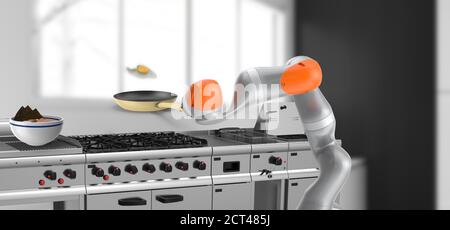Futuristic technology trend in smart food industry. Automation artificial intelligence robot arm machine in restaurant ,kitchen using for precision ta Stock Photo