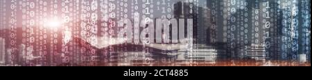 Binary computer code virtual city skyline. Matrix Mixed Media Background. Stock Photo