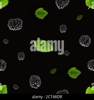 Falling Bramble Seamless pattern. Fresh Falling blackberry seamless pattern. Pattern with fresh wild berries isolated on black background. Stock Photo