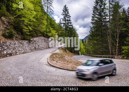 Slovenia. Driving on the Vrsic Pass, a windy road through the Julian Alps near Kranjska Gora, Triglav National Park, Slovenia Stock Photo