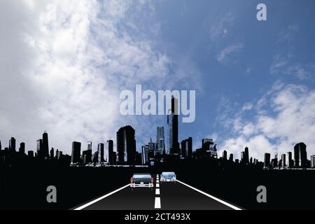 Traffic on roadway leading to generic silhouetted city skyline with blue cloudy sky Stock Photo