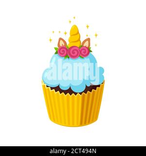 Unicorn cupcake with light blue icing. Fairy cake in paper cup. Tasty dessert with horn. Vector illustration in cute cartoon style Stock Vector