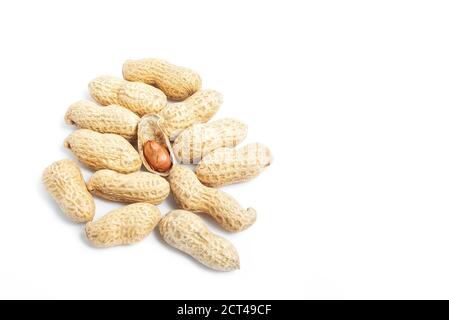 Red peanut kernel in opened shell next to whole pods against white background with copy space Stock Photo