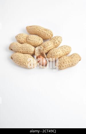 Red peanut kernel in opened shell next to whole pods against white vertical background with copy space Stock Photo