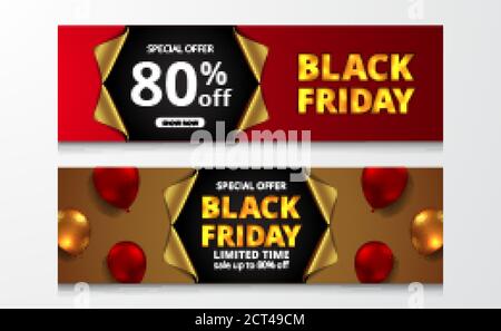 open golden wrap paper at banner poster black friday sale offer discount with 3d balloon illustration. big emphasis shock effect Stock Vector