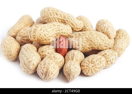 Red peanut kernel in bunch of whole shells on white background Stock Photo
