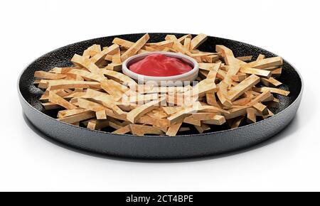 French fries with ketchup in the dish isolated on white background. 3D illustration. Stock Photo