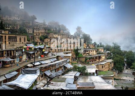 View of terraced houses in the market area, Masuleh, Gilan Province, Iran Stock Photo