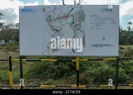 Banners with a plan of the area and the racing circuit. Construction of a complex on the Motogp Mandalika circuit, West Nusa Tenggara, Lombok Stock Photo