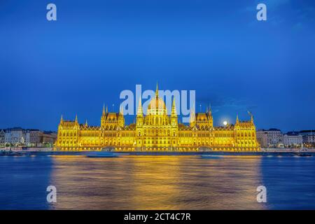 Budapest Hungary, night city skyline at Hungarian Parliament and Danube River Stock Photo