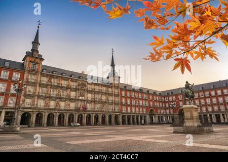 Madrid Spain, city skyline at Plaza Mayor with autumn leaf foliage Stock Photo