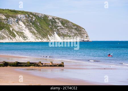 Swanage Beach and white cliffs, Dorset, Jurassic Coast, England, United Kingdom, Europe Stock Photo