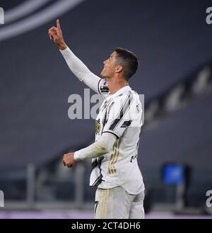 Turin, Italy. 20th Sep, 2020. FC Juventus's Cristiano Ronaldo reacts during a Serie A soccer match between FC Juventus and Sampdoria in Turin, Italy, Sept. 20, 2020. Credit: Federico Tardito/Xinhua/Alamy Live News Stock Photo