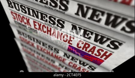 Stock exchange crash business news. Daily newspaper print. Vintage paper media press production abstract concept. Retro style 3d rendering illustratio Stock Photo