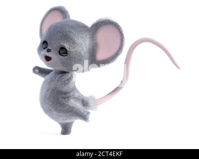 3D rendering of an adorable kawaii furry smiling mouse looking very happy and jumping for joy or dancing. White background. Stock Photo