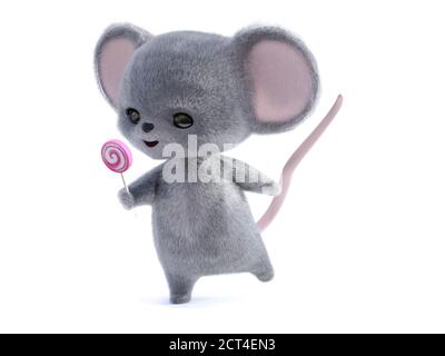 3D rendering of an adorable kawaii furry smiling mouse holding a pink lollipop. White background. Stock Photo