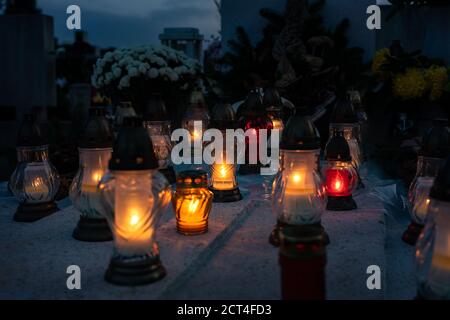 rememberance candle lanterns in the cemetery on all saints day Stock Photo