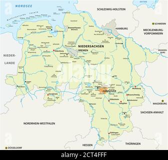 vector map of the state of Lower Saxony in german language, Germany Stock Vector