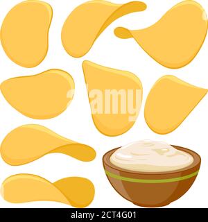 Potato chips and bowl with dipping sauce. Vector illustration Stock Vector