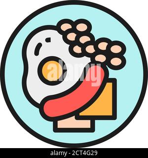 Traditional english breakfast, fried eggs with sausages flat color line icon. Stock Vector