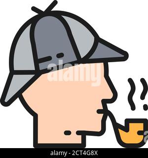 Detective, Sherlock Holmes with smoking pipe flat color line icon. Stock Vector