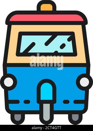 Tuk tuk car, traditional public transport in Thailand flat color line icon. Stock Vector