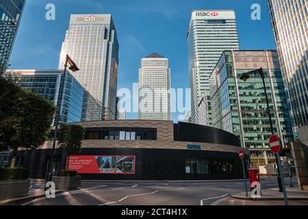 Brewdog, HSBC, Citibank and 1 Canada Square towers, Canary Wharf, London, UK, 19th September 2020 Stock Photo