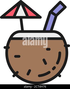 Tropical cocktail in coconut, exotic alcohol drink flat color line icon. Stock Vector