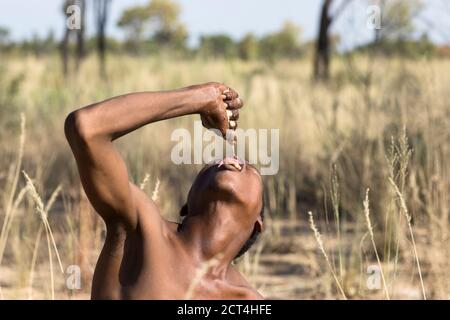 A San person during a traditional hunting and gathering mission. Stock Photo