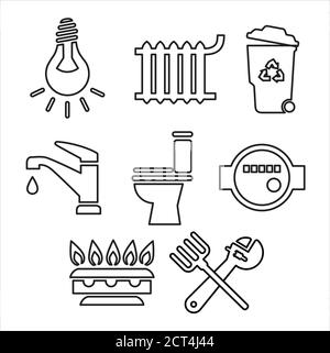 Set of Vector icon. In closes such colorline icons as bulb, gas, toilet, water tap, trash can, battery, Water Icon and more.Vector home. Home heating Stock Vector