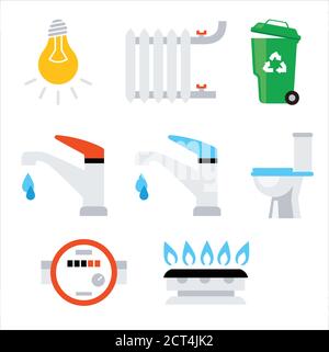 Set of Vector icon. In closes such color icons as bulb, gas, toilet, water tap, trash can, battery, Home heating and cooling system icons set. Stock Vector