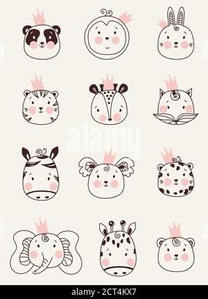 Cute animals. set of decorative portraits of animals in crowns - rabbit and panda, penguin and tiger, zebra and koala, elephant and giraffe, fox Stock Vector