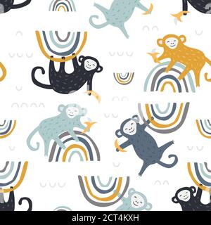 Childish seamless pattern with cute monkey and rainbow. Creative texture for fabric and textile Stock Vector