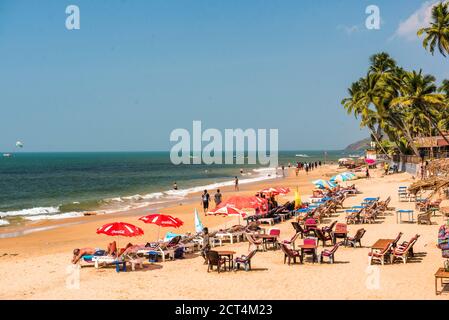 Tourists sunbathing on sun loungers under sun umbrellas at tropical, sandy Anjuna Beach on a busy, crowded day on the Goa coast, India Stock Photo