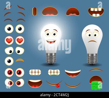 Vector light bulb emoji maker, emoticon creator Stock Vector