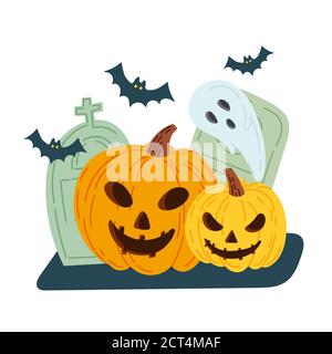 Halloween party invitation card for holidays. Pumpkin and bats, ghosts. Vector illustration. Stock Vector