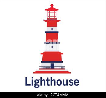 Lighthouse in flat style vector. Sea lighthouse. Lighthouse building logo design vector template, Icon design. Template elements. Vector illustration Stock Vector