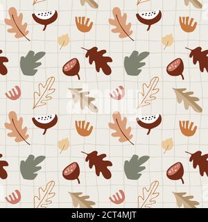 Seamless pattern with various colorful fall leaves, fruit and flowers. Thanksgiving or Halloweeen concept. Autumn design for textile, fabric and Stock Vector