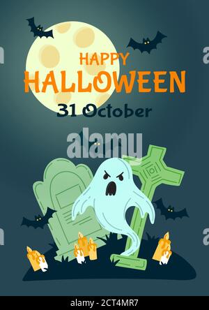 Halloween party invitation card for holidays. Pumpkin and bats, ghosts. Vector illustration. Stock Vector