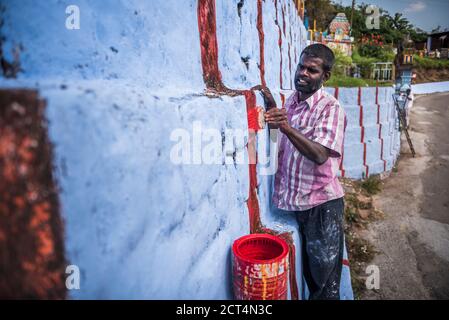 Repainting Sri Subramaniya Swamy Hindu Temple blue, Munnar, Western Ghats Mountains, Kerala, India Stock Photo
