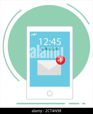 Vector Flat Design style smartphone with email app on screen, vector cartoon design element illustration for web and banners design. New chat messages Stock Vector