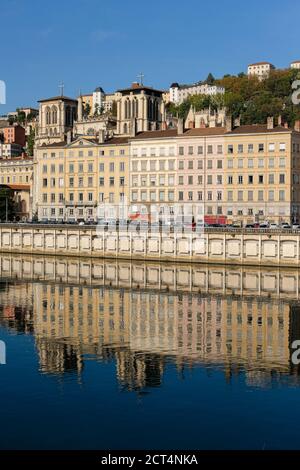 On 10/09/2020, Lyon, Auvergne-Rhône-Alpes, France. View of the old Lyon district with the reflections of the facades and monuments on the Saône. Stock Photo