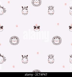 Seamless patterns. Cute decorative portraits of animals. Tropical - lion and panda, zebra and giraffe on a light background. The of textiles Stock Vector