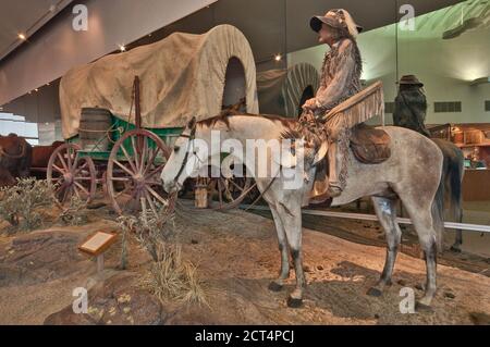 Horseman, settler's wagon in life-size diorama at Oregon Trail Interpretive Center near Baker City, Oregon, USA Stock Photo