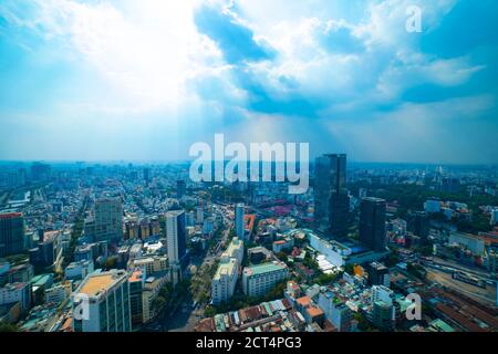 A panoramic cityscape in Ho Chi Minh high angle wide shot