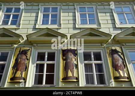 The House Sign of Old Prague in the Czech Republic - The Three Standard-Bearers in Husova street in Old Town of Prague. Stock Photo