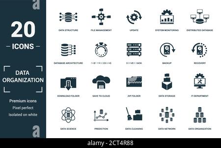 Data Organization icon set. Collection of simple elements such as the data structure, file management, update, system monitoring. Data Organization Stock Vector