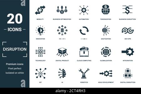 Disruption icon set. Monochrome sign collection with innovation, big data, change, digitization and over icons. Disruption elements set. Stock Vector